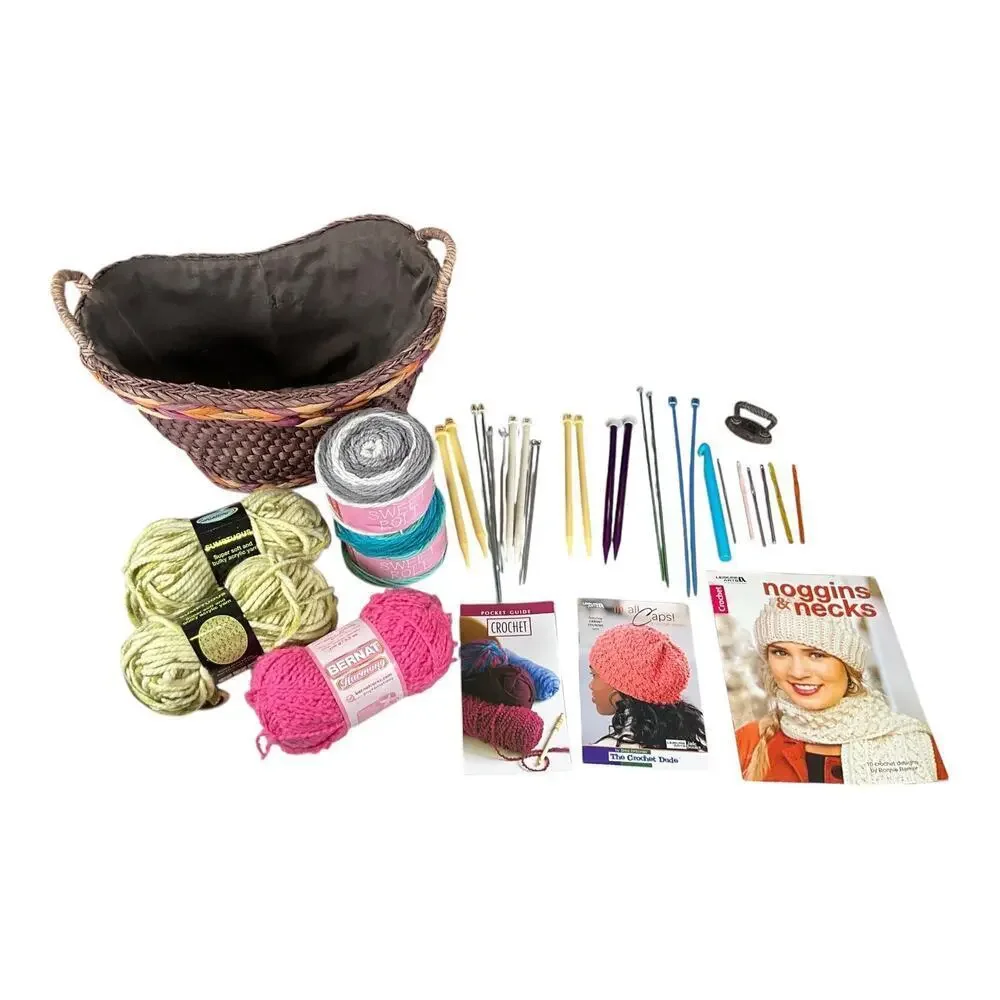 Complete Yarn & Crochet Bundle with Basket – Hooks, Needles, Books & Yarn Lot